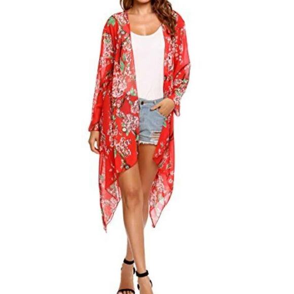 LOVE,FIRE Red multi color  flowery kimono - Picture 1 of 3